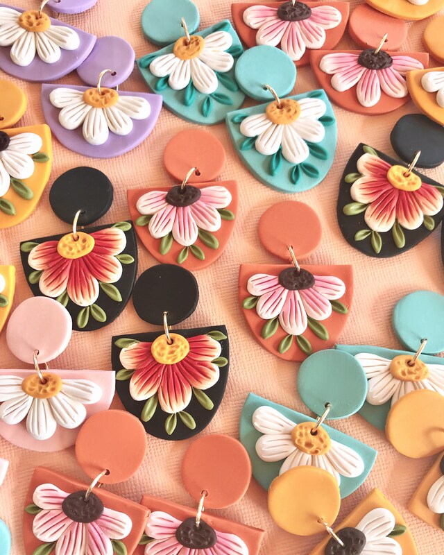 Daisy Floral Folk Art Statement Earrings, Modern Floral Earrings, Flower Jewelry, Mustard Yellow Burnt Orange Red, Boho Hippie Earring